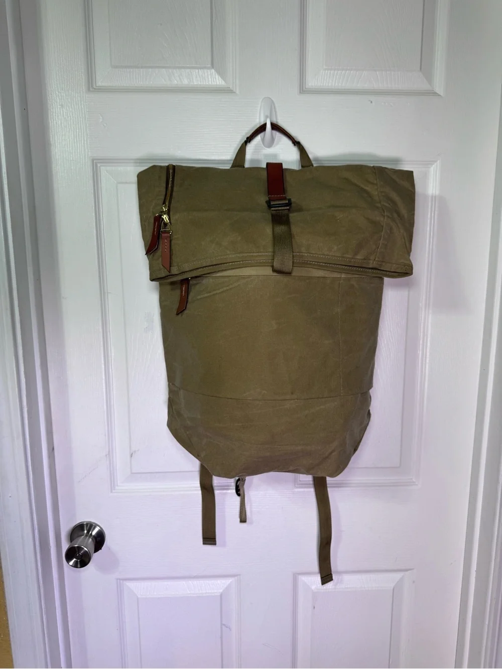 Roll-Top Canvas Backpack for Men — Khaki with Brown Trim